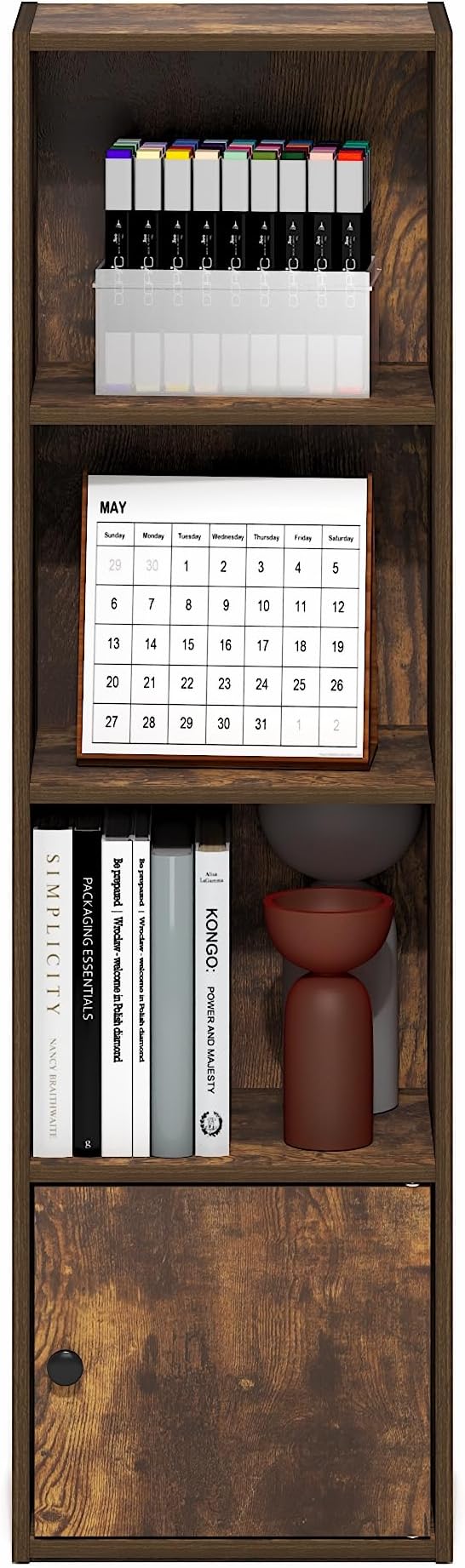 Furinno LUDER Book Shelf, 4-Tier Bookshelf with Open Shelf, Standing Bookcase with 1 Door Cabinet, 9.3 x 12 x 41.8, for Organ