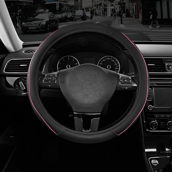 Road Comforts Leather Steering Wheel Cover with Decorative Trim and Piping, Anti-Slip Breathable Design, Fits 14.5–15 Inch Ro