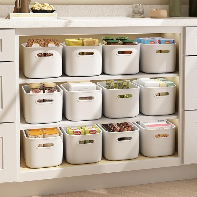 8 Pack White Storage Bins with Lids for Shelves, White Storage Containers with Lids for Organizing, Storage Box with Handle, 