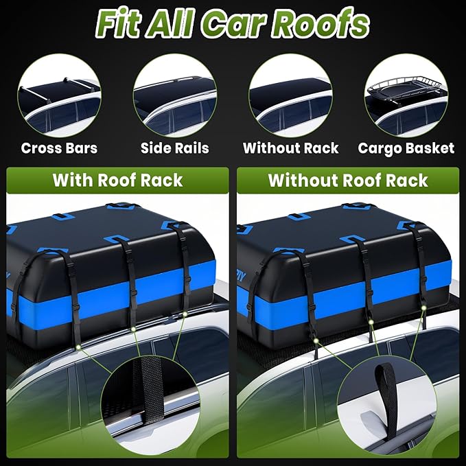 23 Cubic Feet Car Rooftop Cargo Bag Carrier, Soft Roof Top Luggage Bag for All Vechicles with/Without Racks - with Waterproof Zip, Luggage Lock, Anti-Slip Mat, Storage Bag, Door Hooks, Blue
