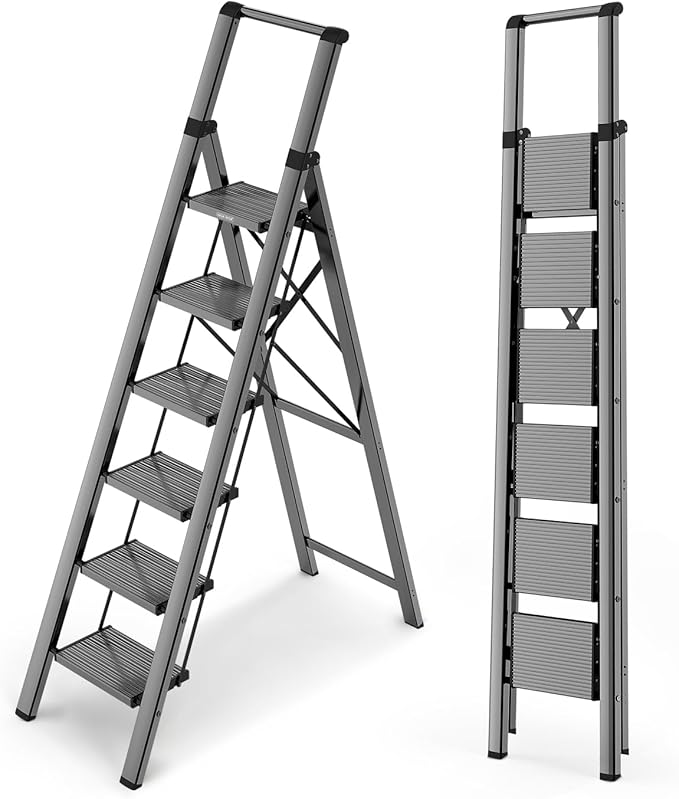 WOA WOA 6 Step Ladder for 12 Feet High Ceiling, Lightweight Foldable Ladder with Non-Slip Wide Pedals, Stepladder with Safe H