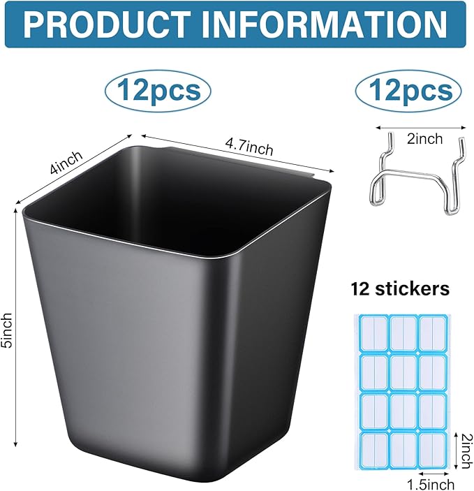 Namalu 12 Pack Peg Board Storage Bins with Labels and Hooks Square Box Shape Pegboard Cup Holder Accessories Pegboard Organiz