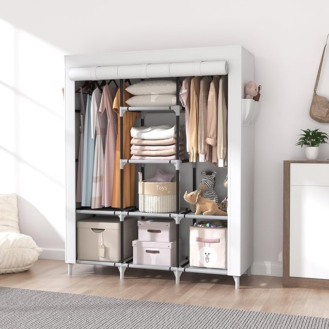 VTRIN Portable Closet Wardrobe for Hanging Clothes with 2 Hanging Rods and 8 Storage Organizer Shelves,Sturdy Large Wardrobe 