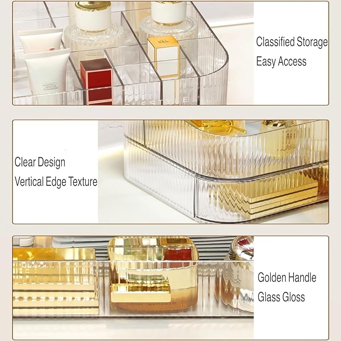 Clear Makeup Organizer for Vanity, Large Desk Organizer with Stackable Drawer for Cosmetics, Skincare, Lipsticks, Palette, Na