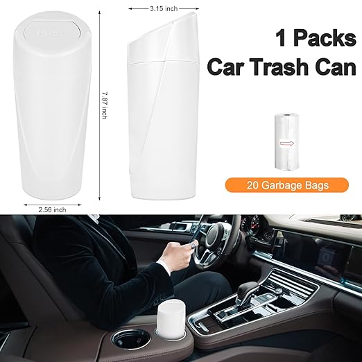 Car Trash Can, Mini Car Trash Bin with Lid, Leakproof Cup Holder Car Garbage Can with 20 Trash Bags, Vehicle Front Back Seat Organizers and Storage for Car, Home, Office, White