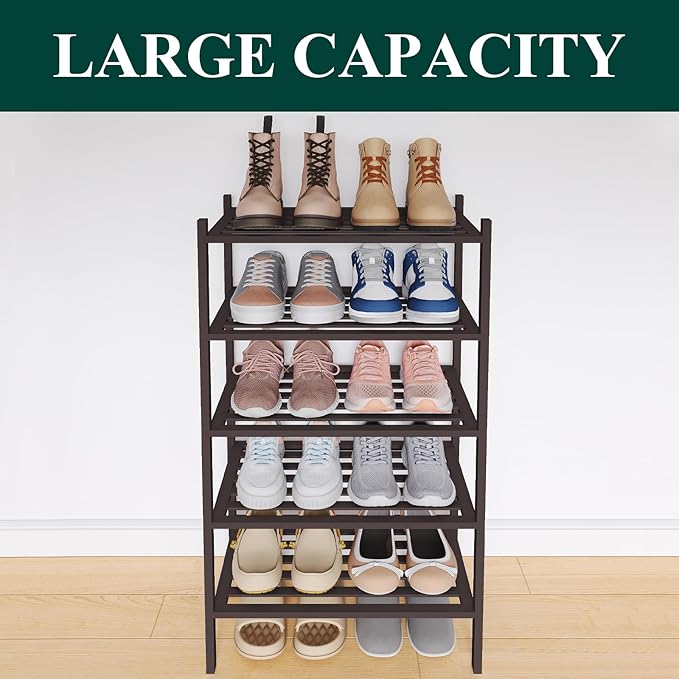Smiry Small Bamboo Shoe Rack 5-Tier, Stackable Wooden Shoe Organizer for Entryway & Closet, Free Standing Wood Shoe Storage S