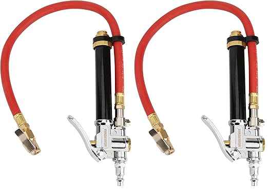 MEASUREMAN Heavy Duty Bayonet Style Tire Inflator, Aluminum Body, 20" Red Hose, Clip On Air Chuck, Aluminum Slide, Range 10-130psi/kpa (Pack of 2)