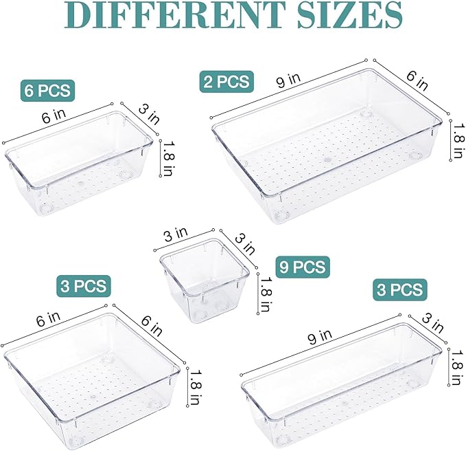 StorMiracle 23 PCS Drawer Organizer Set, 5 Varied Size Bathroom and kitchen Drawer cabinet organizer Trays, Clear Storage Bin