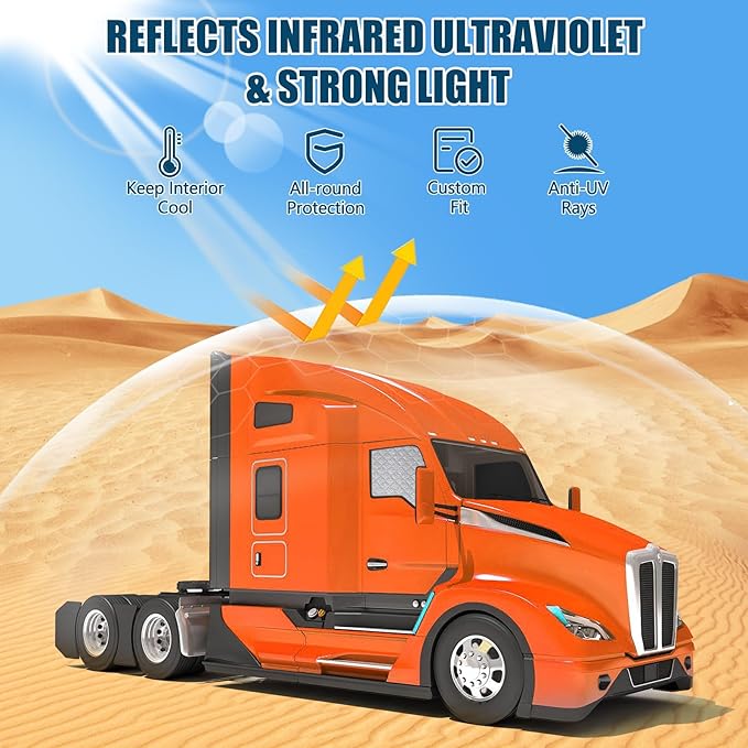 Side Window Sun Shade for Kenworth T680 T880 W990 T680E 2011-2026,Custom Fit 210T Reflective Sunshade for Semi Truck, 6-Layer Heat Insulation Privacy Protector, Block 99% UV Rays, 2PCS
