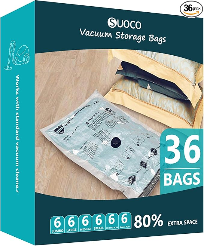 Vacuum Storage Bags, Compression Packing Space Saver Seal Bags for Clothing Bedding Comforters Blankets Pillows, 36 Combo