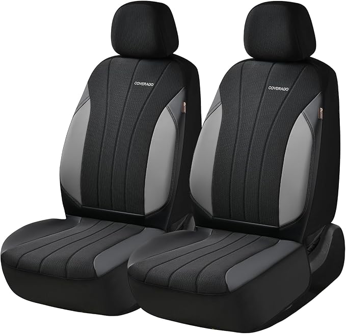 Coverado Seat Covers for Car 2 Seats, Leather Car Seat Covers Fullset, Breathable Mesh Front and Rear Protectors, Grey Luxury