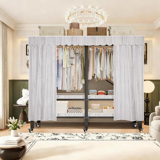 YTLEMON Heavy Duty Wardrobe Closet with Cover, Metal Rolling Clothes Rack, Foldable Portable Closet Organizer System Freestan