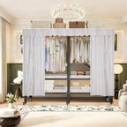 YTLEMON Heavy Duty Wardrobe Closet with Cover, Metal Rolling Clothes Rack, Foldable Portable Closet Organizer System Freestan