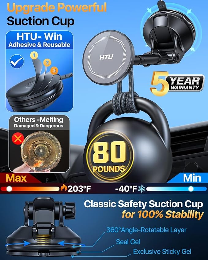 HTU 2026 Upgraded for Magsafe Car Mount [80LBS Strongest Suction & Military-Grade] Powerful Magnetic Cell Phone Holder for Car Dashboard Windshield for iPhone 17 16 15 14 Pro Max Mini (Dark Grey)