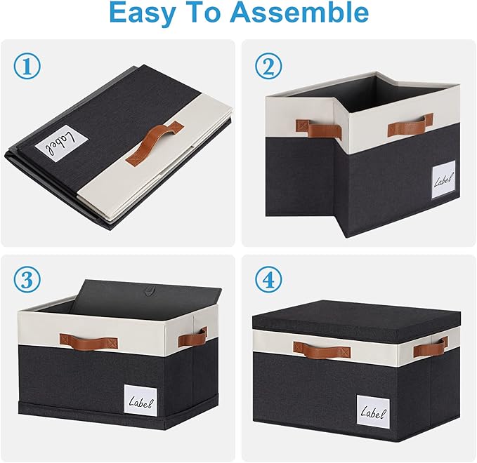 Extra Large Storage Bins with Lids, Foldable Fabric Storage Baskets with Lids, Sturdy Storage Boxes with Labels and 3 PU Hand