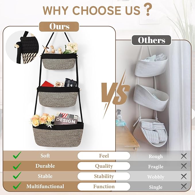 Hanging Storage Baskets, Over the Door Basket, Cotton Wall Baskets Storage, Hanging Door Basket with 4 Hooks