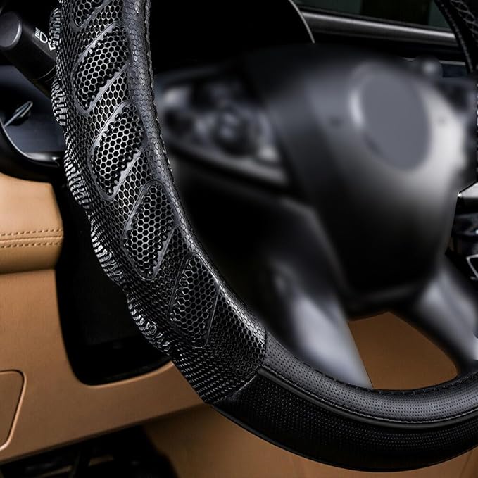 Flying Banner car Steering Wheel Cover Faux Leather Massage Universal fit 3D Honeycomb Hole Anti-Slip Sporty 15 Inches (Black