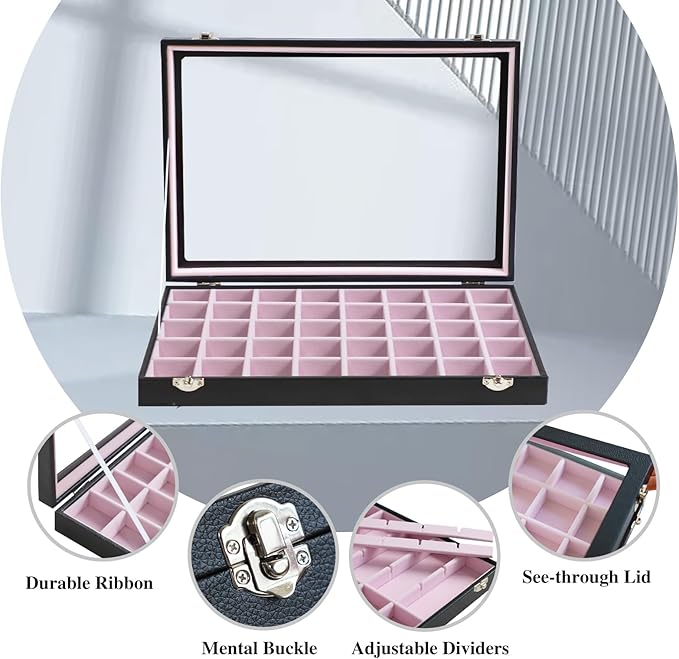 Stratalife Jewelry Organizer 40 Grid Pink Black Jewelry Tray with Clear Dust-proof Lid Velvet Earring Organizer Necklace Ring