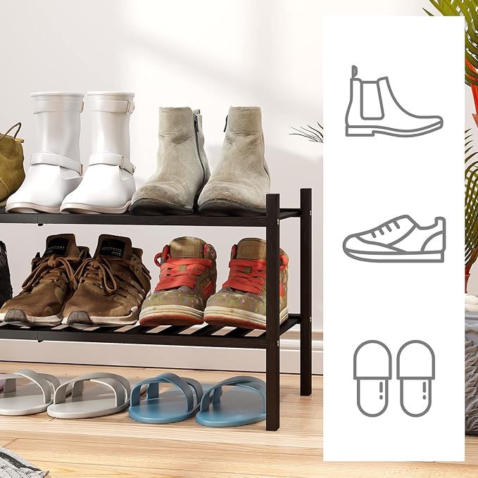 viewcare 2-Tier Black Bamboo Shoe Rack for Entryway, Stackable | Foldable | Natural, Shoe Shelf Storage Organizer for Hallway