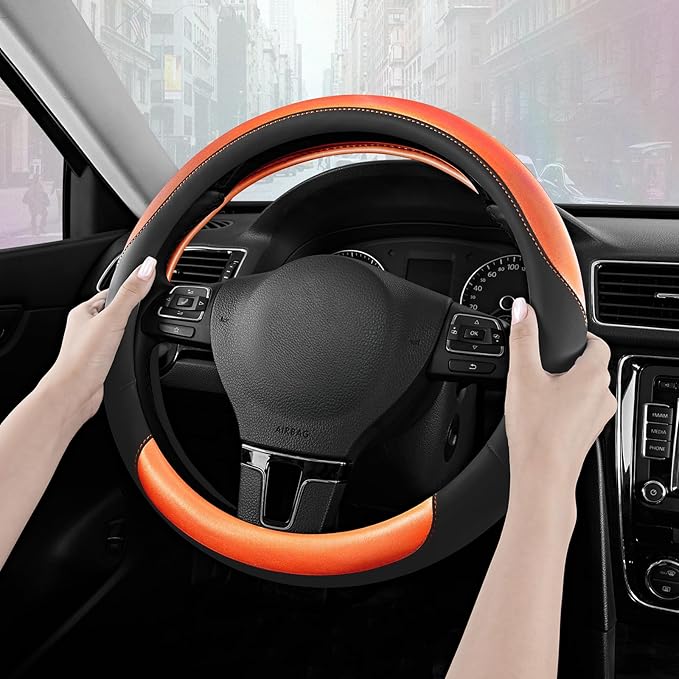 Road Comforts Steering Wheel Cover – Breathable Leather Steering Wheel Cover, Anti-Slip Grip, Universal Fit 14.5” to 15”, Hea