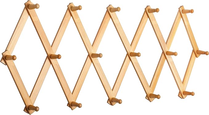 SKOLOO Accordion Wall Hanger with 16 Hooks, Modern Expandable Coat Rack Hat Rack for Wall, Solid Wooden, Natural Color