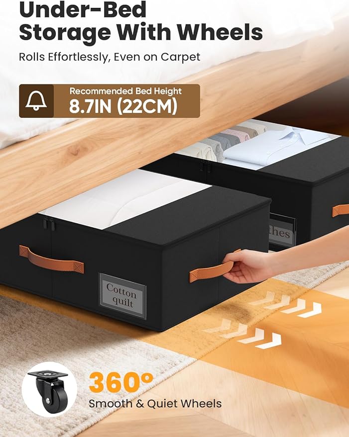 TOSKING 2-Pack Under Bed Storage Bins with Wheels and 4 Vacuum Seal Bags, Heavy Duty 80lbs Capacity,7.9"Height Clear Lid Orga