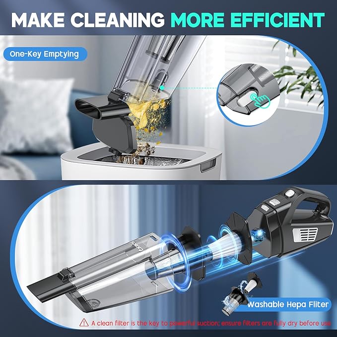 Handheld Vacuum Cordless, 15000PA Strong Suction Hand Held Car Vacuum Cleaner Portable with Multi-Nozzles & Washable Filter, 