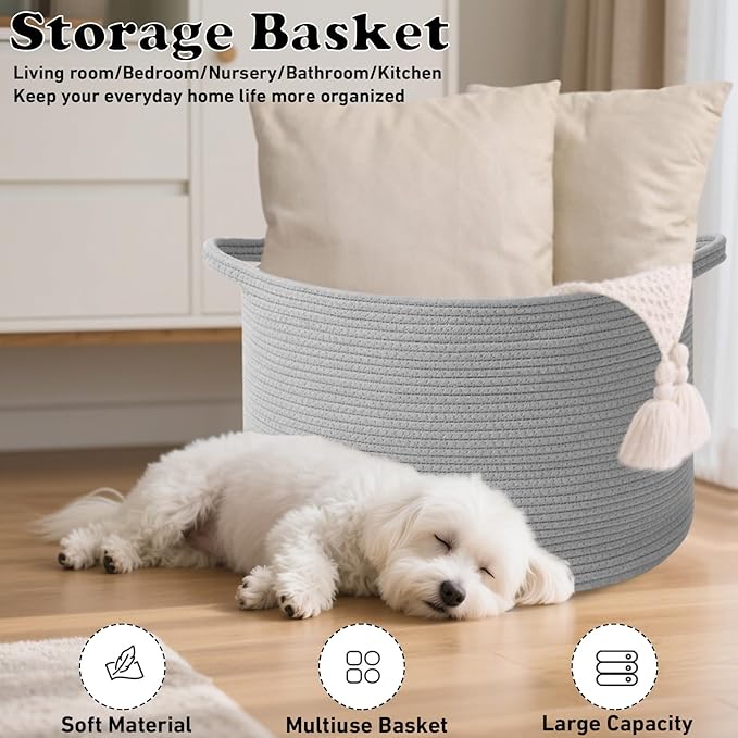 65L Large Blanket Basket,Cotton Rope Woven Storage Basket with Handles, Laundry Hamper for Toys, Clothes, Pillows & Towels, P