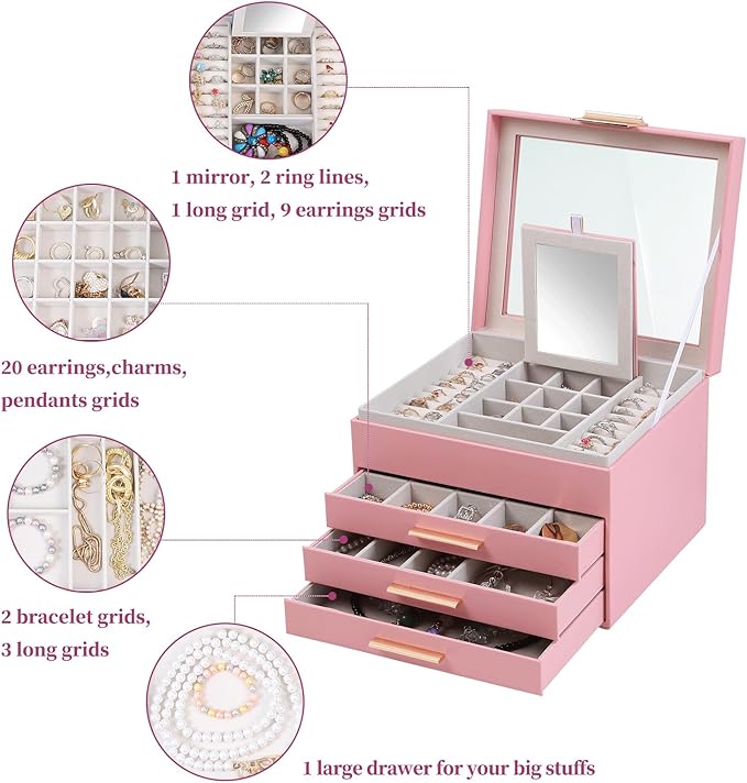 BOOVO Clear Lid Jewelry Box,4 Layers Jewelry Organizer Large Jewelry Storage Box with 3 Drawers,Jewelry Holder Organzier of R
