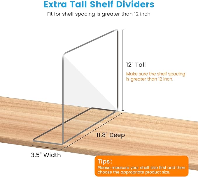 OKPOW Shelf Dividers Closet Organizer - 12" Tall X 11.8" Deep Acrylic Clear Sturdy Separate for Clothes Purse - Adjustable Sp