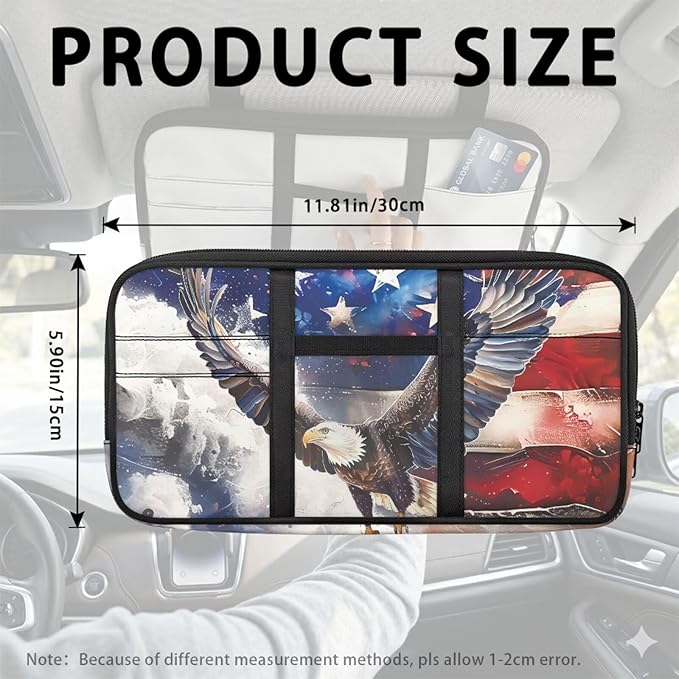 Flag Print Car Sun Visor Organizer Tactical Sunvisor Organizers with Zipper Storage Pouch Universal Accessories for Truck SUV,American Flag Eagle