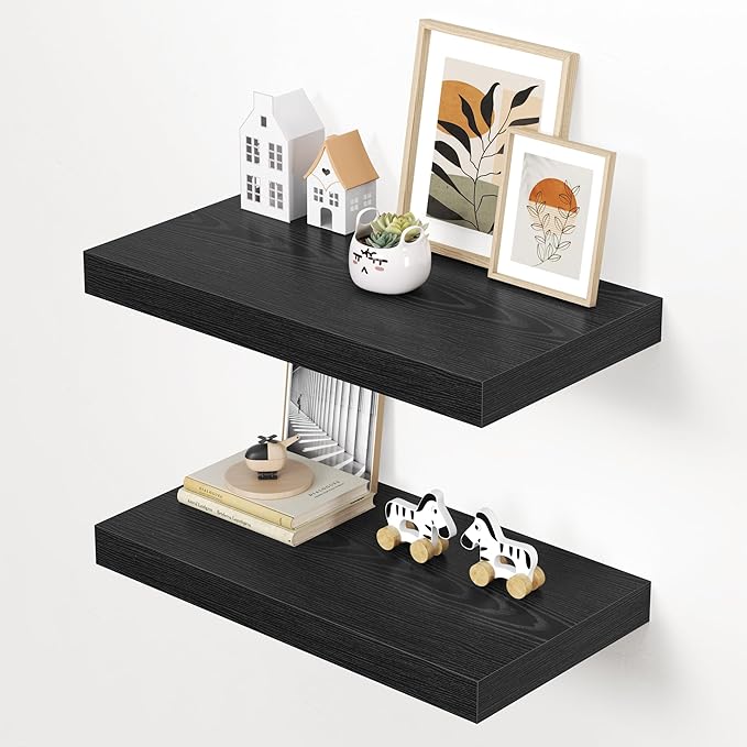 Dreamland 24" Floating Shelves for Wall, 12" Deep Thicker Black Floating Shelves, Wall-Mounted Shelves for Bedroom, Living Ro