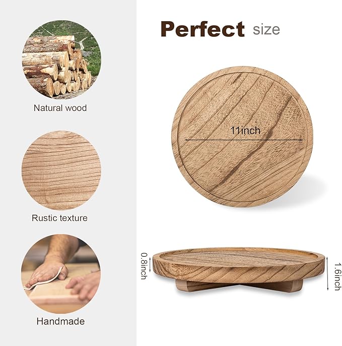 Round Decorative Tray Wood Bathroom Counter Organizer Farmhouse Kitchen Decor Wooden Riser for Soap Dish, Perfume, Candle, Sp