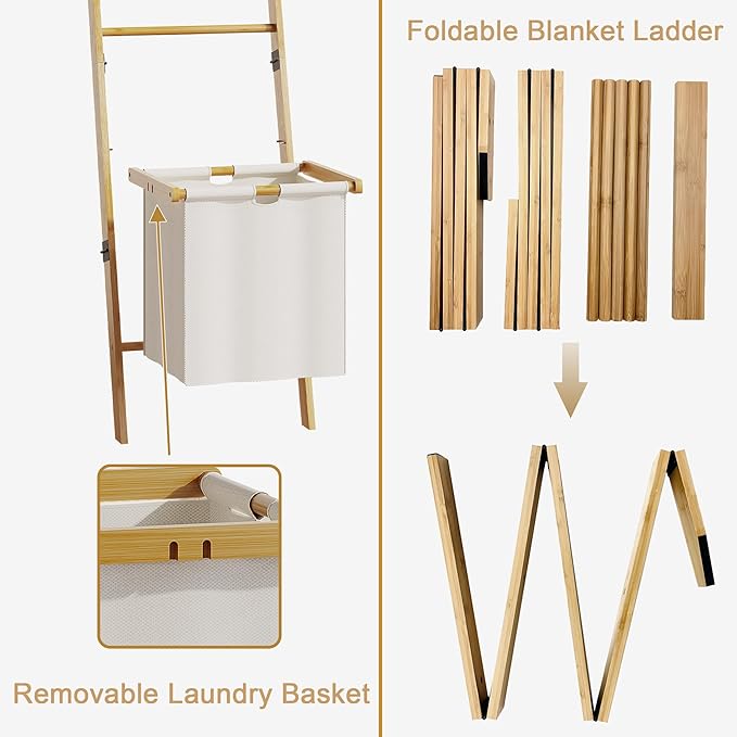 BAMBANG Bamboo Blanket Ladder with Basket, 5-Tier Quilt Rack Stand with 4 Hooks & Storage Hamper for Living Room Bathroom, Wa