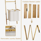 BAMBANG Bamboo Blanket Ladder with Basket, 5-Tier Quilt Rack Stand with 4 Hooks & Storage Hamper for Living Room Bathroom, Wa