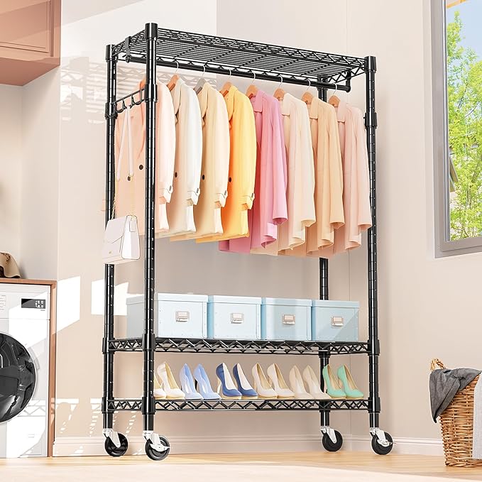 M MZG Heavy Duty Rolling Garment Rack 3 Tiers Adjustable Wire Shelving Clothes Rack with Rods and Side Hooks,Storage Closet C