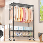 M MZG Heavy Duty Rolling Garment Rack 3 Tiers Adjustable Wire Shelving Clothes Rack with Rods and Side Hooks,Storage Closet C
