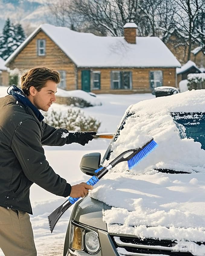 33'' Snow Brush and Ice Scraper for Car Windshield, Aluminum Extendable Snow Removal Tool for Car Window with Foam Grip, Soft Broom Head for Car SUV Vehicle Winter Accessories