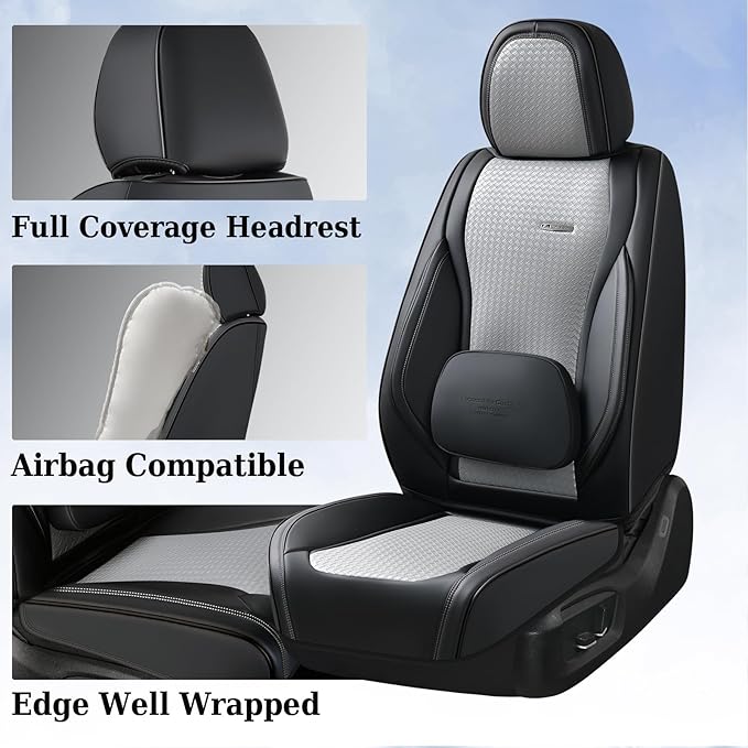 Coverado Car Seat Covers Full Set, Black Gray Seat Covers for Cars, Waterproof Nappa Leather Automotive Seat Covers with Lumb