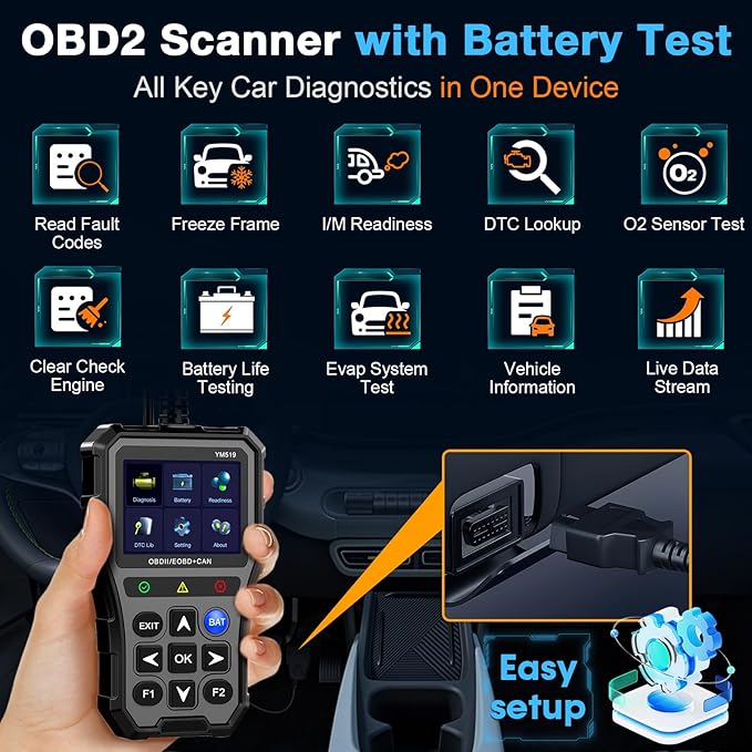 AMTIFO OBD2 Scanner with Battery Tester - Check Engine Light & Emissions Readiness, Plug & Play, Battery Health,