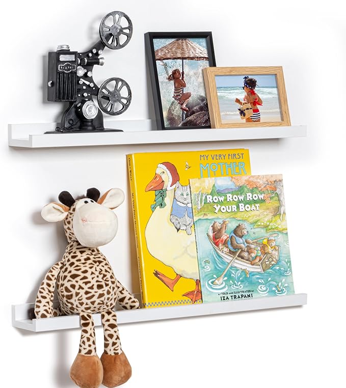 Fun Memories Picture Ledge Shelf, 24 Inch Floating Shelves Set of 2, Nursery Book Shelves for Toys Storage, Kids Bookshelf Wa
