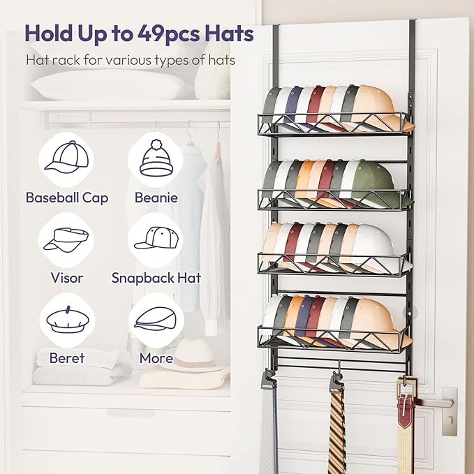 SWTYMIKI Over Door Hat Organizer - 5 Tier Wall Mounted Hat Rack with 4 Adjustable Metal Basket and 3 Hooks, Hanging Baseball 