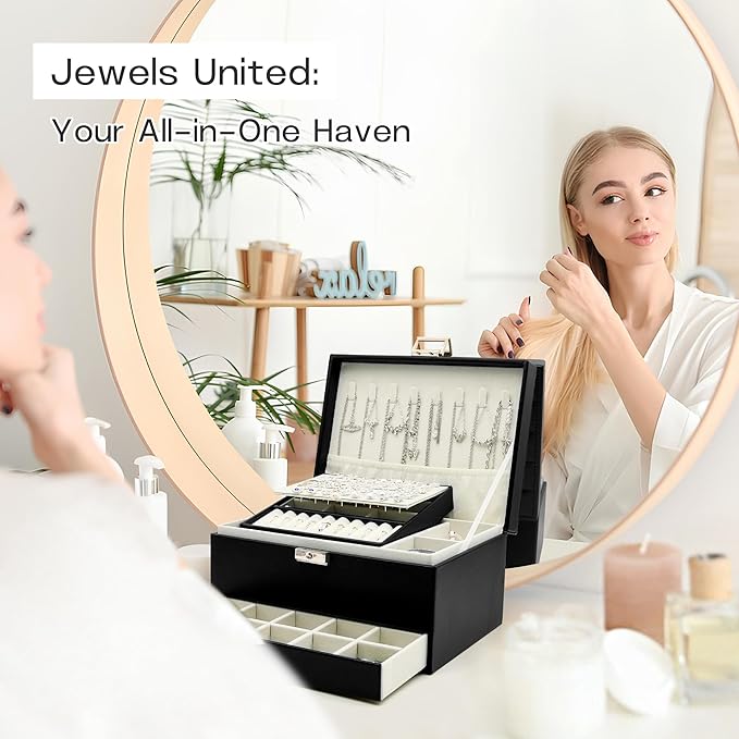 Jewelry Organizer, Travel Jewelry Box Organizers for Women Girls, Jewellery Display Holder 3 Layers Large PU Leather Jeweller