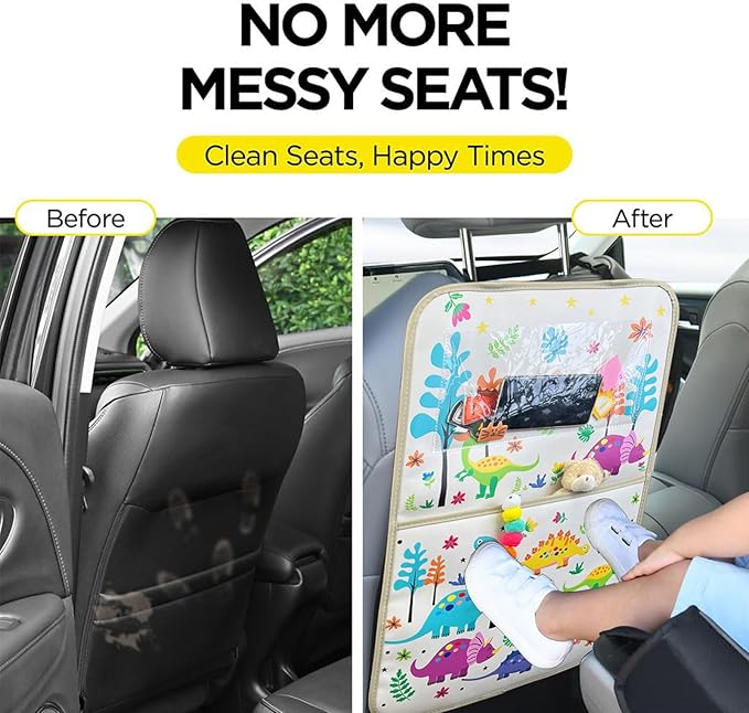 kids Leather Car Backseat Organizer with Foldable Table Tray, Car Storage Organizer with Tablet Holder, Car Seat Back Protectors Kick Mats, Travel Accessories (Dinosaur)