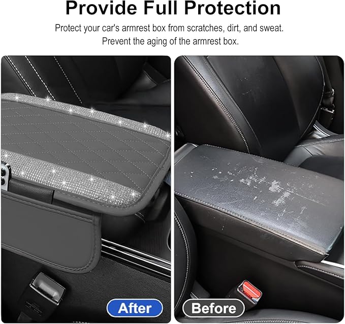 NBTEPEM Bling Gray Car Center Console Cover, Leather Car Arm Rest Cover with 2 Storage Bags, Universal Auto Armrest Protector Storage Box, Bling Accessories Interior for Most Vehicles