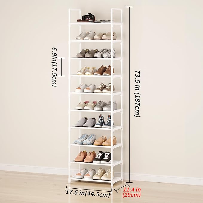 10-Tier Tall Shoe Rack, Adjustable 20-25 Pairs Shoe Shelf Storage Organizer for Entryway Hallway Closet Bathroom Living Room 
