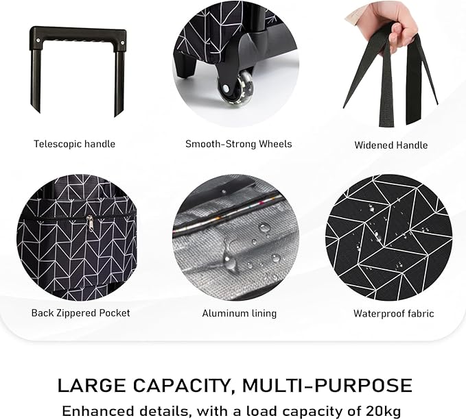 Small Shopping Cart with Wheels, Rolling Shopping Bag, Collapsible Grocery Cart, Portable Foldable Shopping Trolley Pull Handle, Small Folding Trolley Cart, Rolling Tote for Travel, Camping (Black)