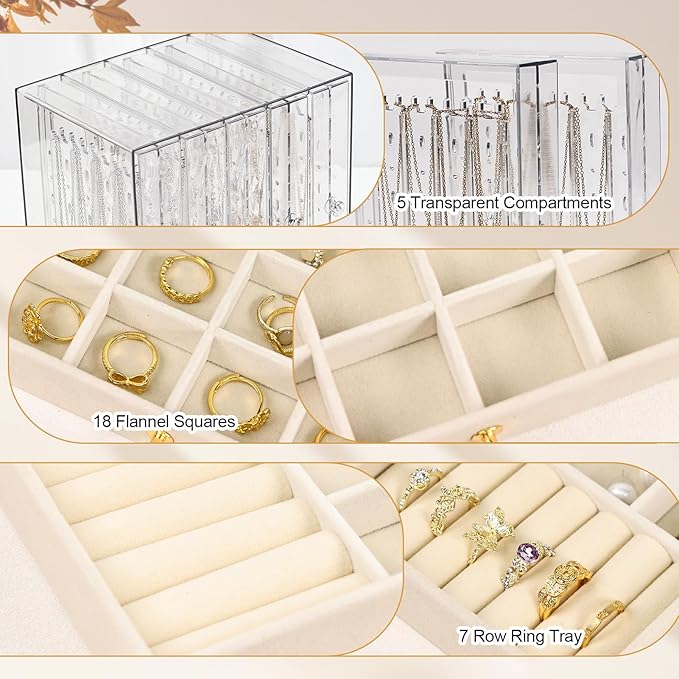 Greenfeather Jewelry Organizer with 7 Removable Drawers, Clear Acrylic Jewelry Box with 40 Necklace Hooks, 120 Pairs of Earri