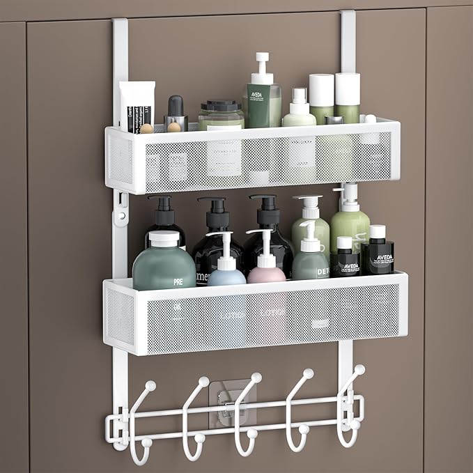 Adjustable Over The Door Hooks Organizer, Door Hanger Coat Rack with 2 Mesh Baskets and 10 Hooks, Back of Door Storage Organi