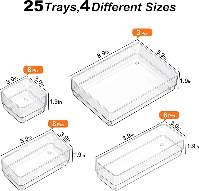 SMARTAKE 25-Piece Drawer Organizer with Non-Slip Silicone Pads, 4-Size Desk Drawer Organizer Trays Storage Tray for Makeup, J